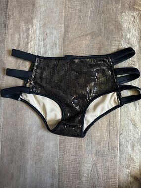 Fashion Nova Black Sequin High-Waist Strappy Bikini Bottoms